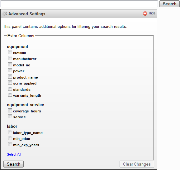 Advanced search panel